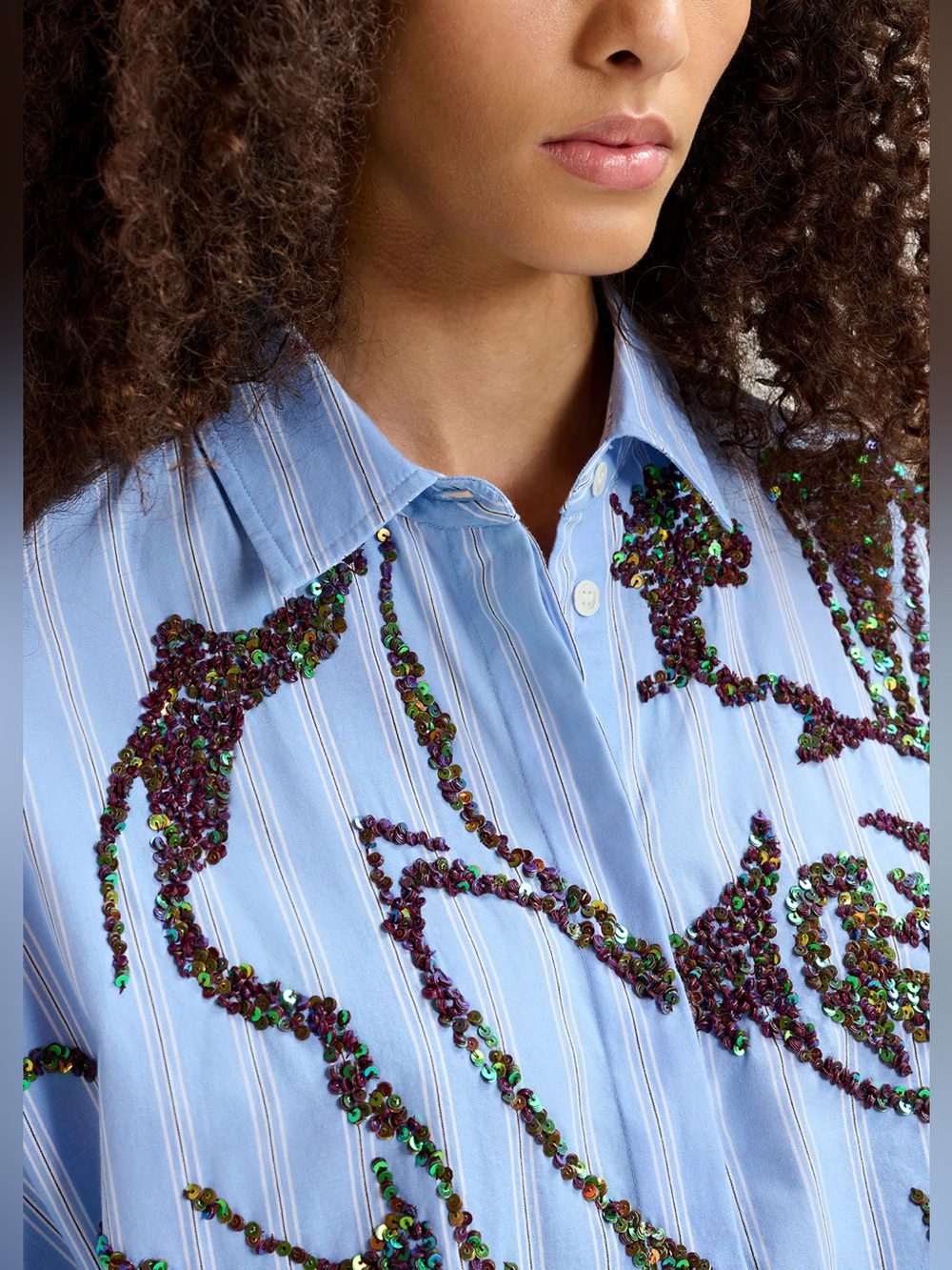 Essentiel Antwerp Blue Striped Sequin Embellished Blouse - Picture 3 of 7